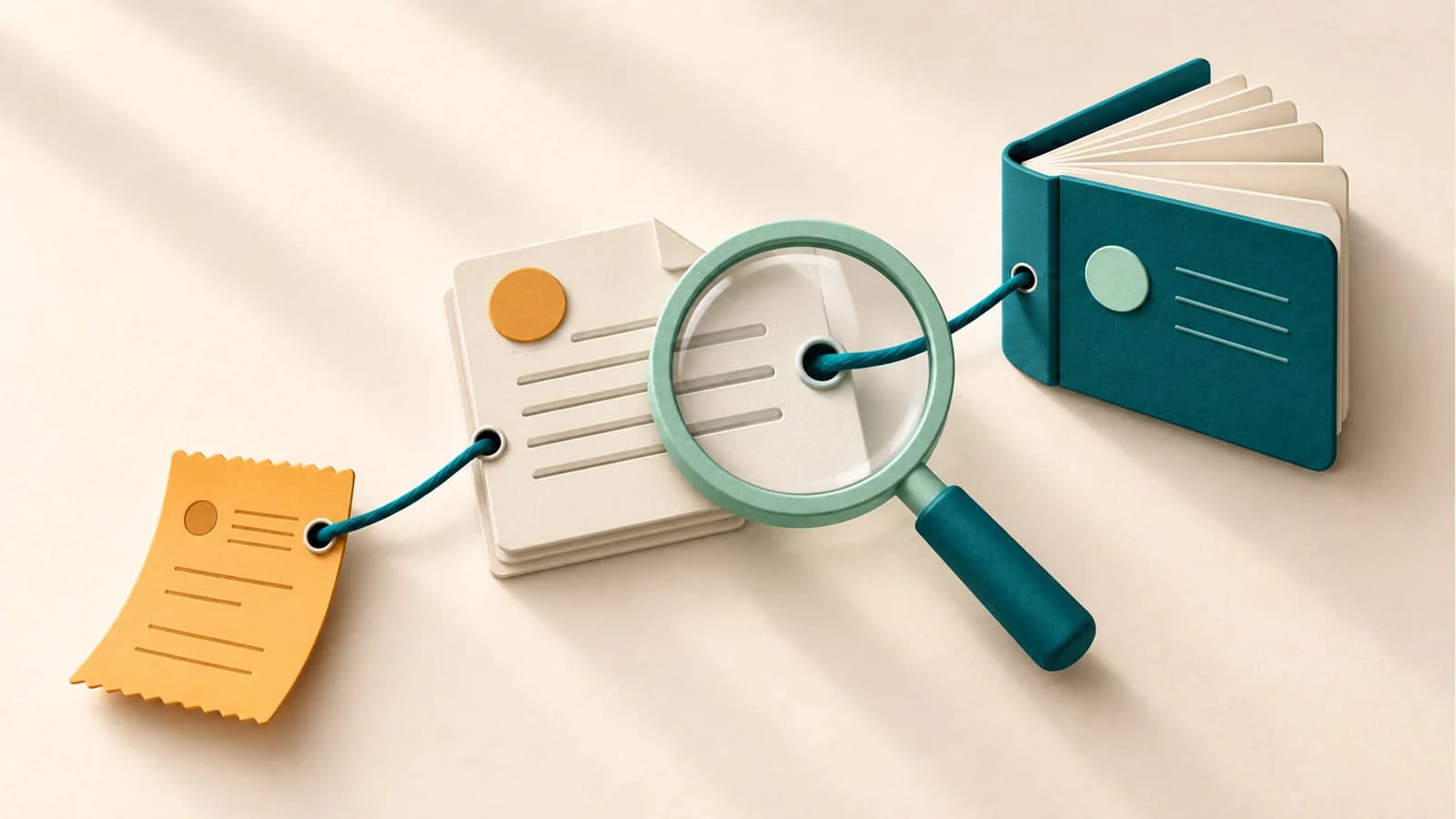 A mint magnifying glass examines the thread connecting an amber receipt, a review document and an open teal ledger.