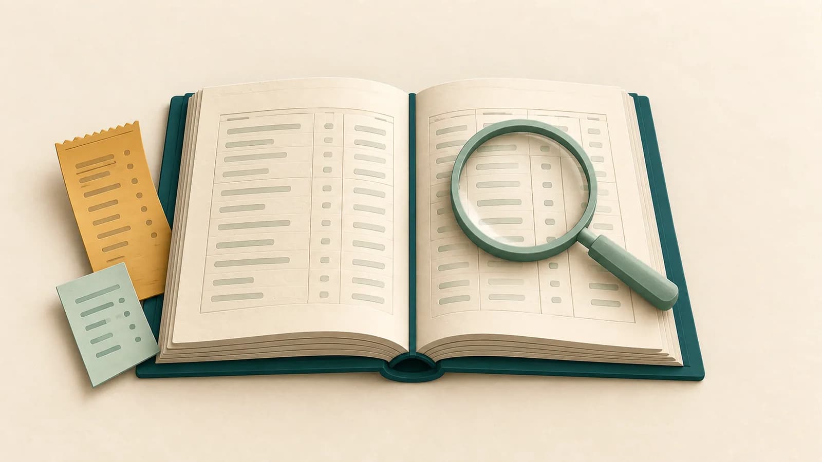 A mint magnifying glass rests over an open teal ledger beside an amber receipt and a mint document.