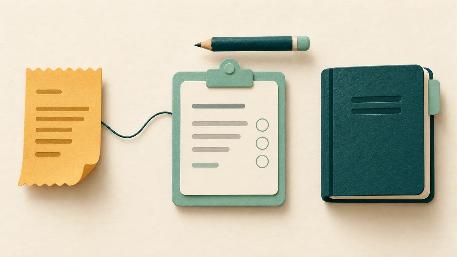 An amber receipt connects to a mint review clipboard beneath a paused pencil, beside a separate closed teal ledger.