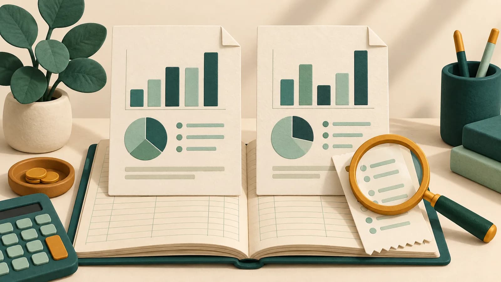 Two paper reports with abstract teal and mint charts stand over a ledger beside an amber magnifying glass.
