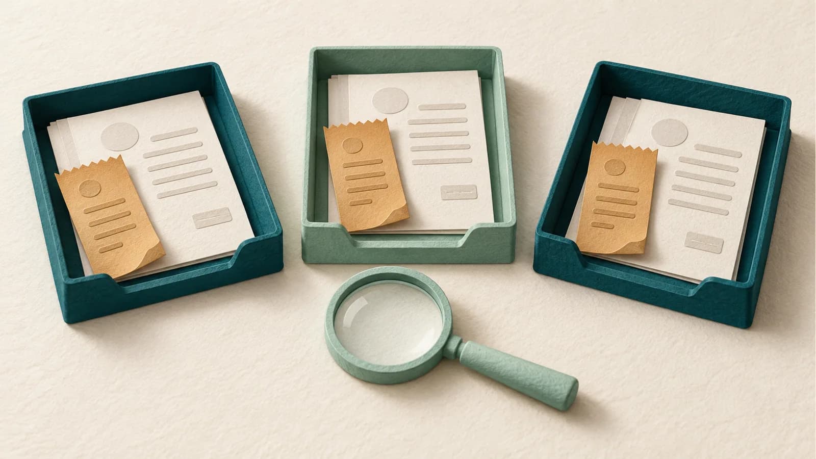 Three teal and mint trays hold matching amber receipts and ivory review cards, with a magnifying glass in front.
