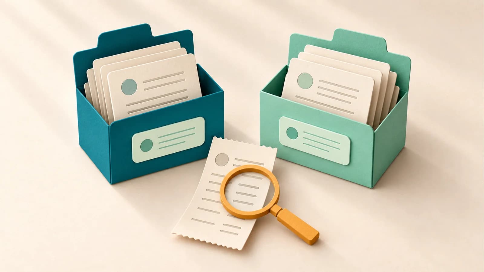 Teal and mint folders hold statement sheets beside an amber magnifying glass resting on an ivory receipt.