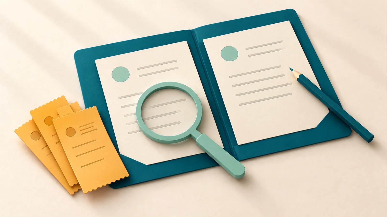 A mint magnifying glass rests on two reports in a teal folio, beside amber receipts and a teal pencil.