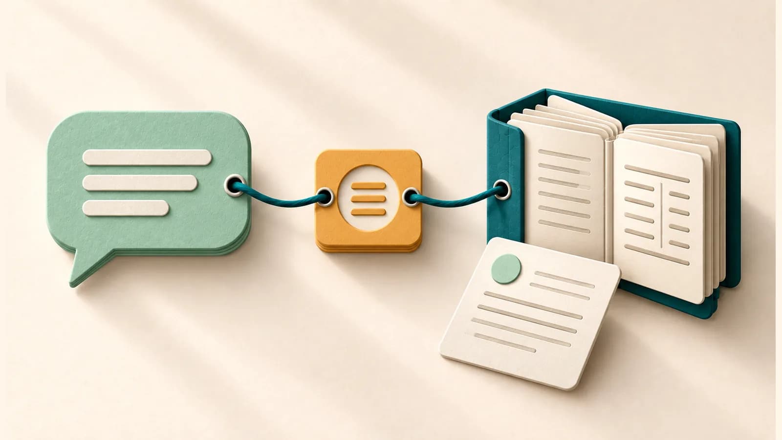 A mint speech bubble connects through an amber block to an open teal ledger beside an ivory report card.