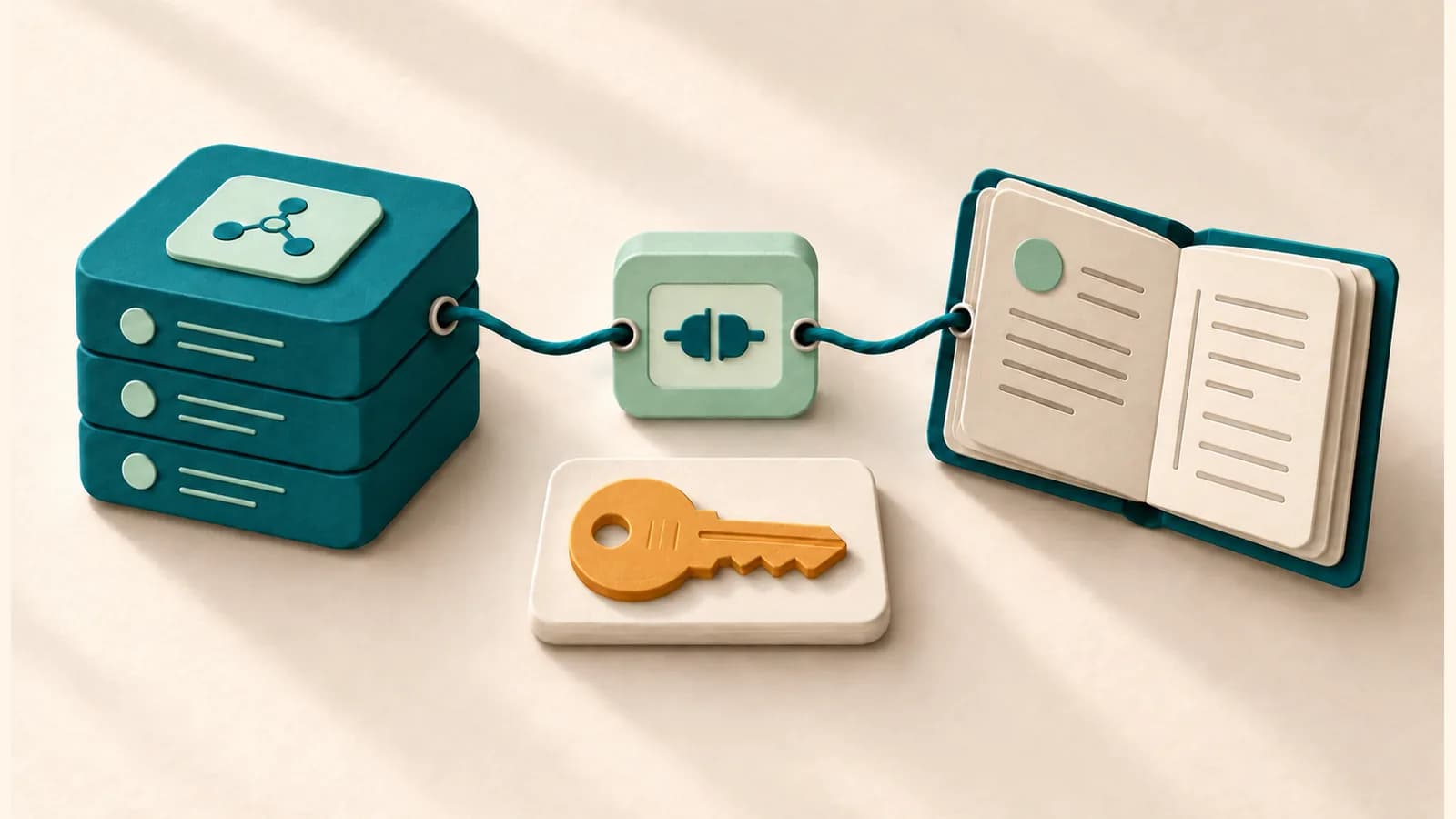 An amber key rests beside a stacked teal runtime box connected through a mint block to an open ledger.