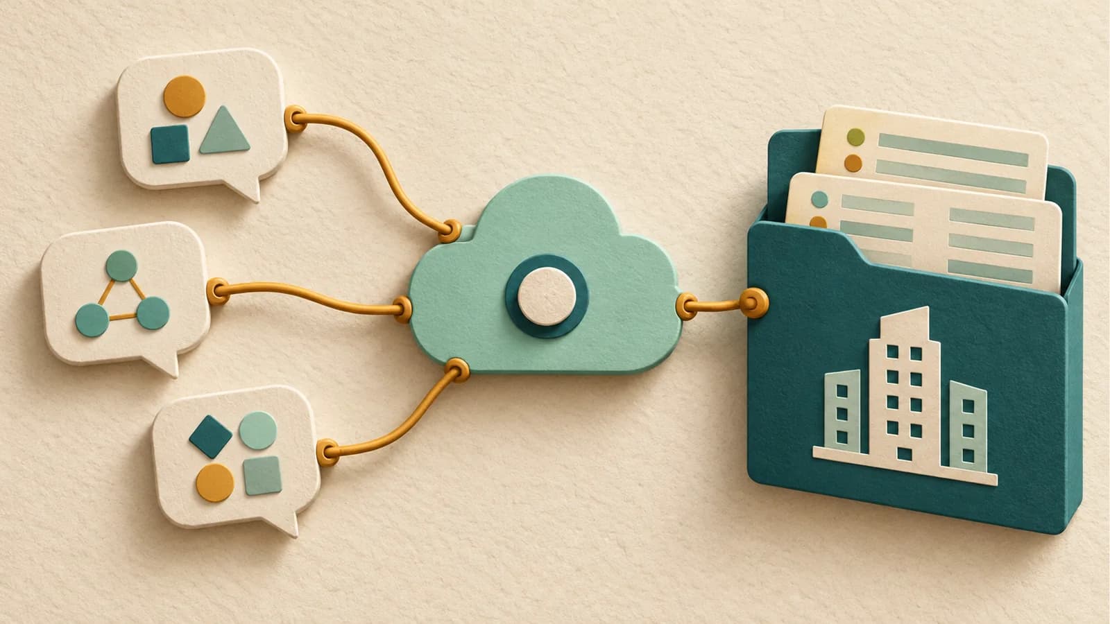 Three speech tiles connect through a mint cloud to a teal company folder holding paper reports.