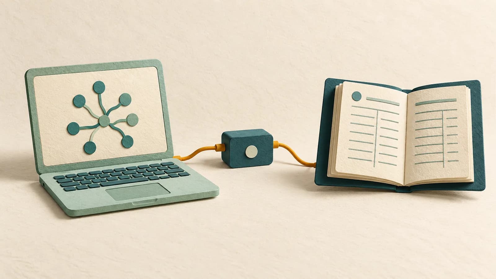 A mint laptop connects through a teal block and amber cord to an open paper ledger.