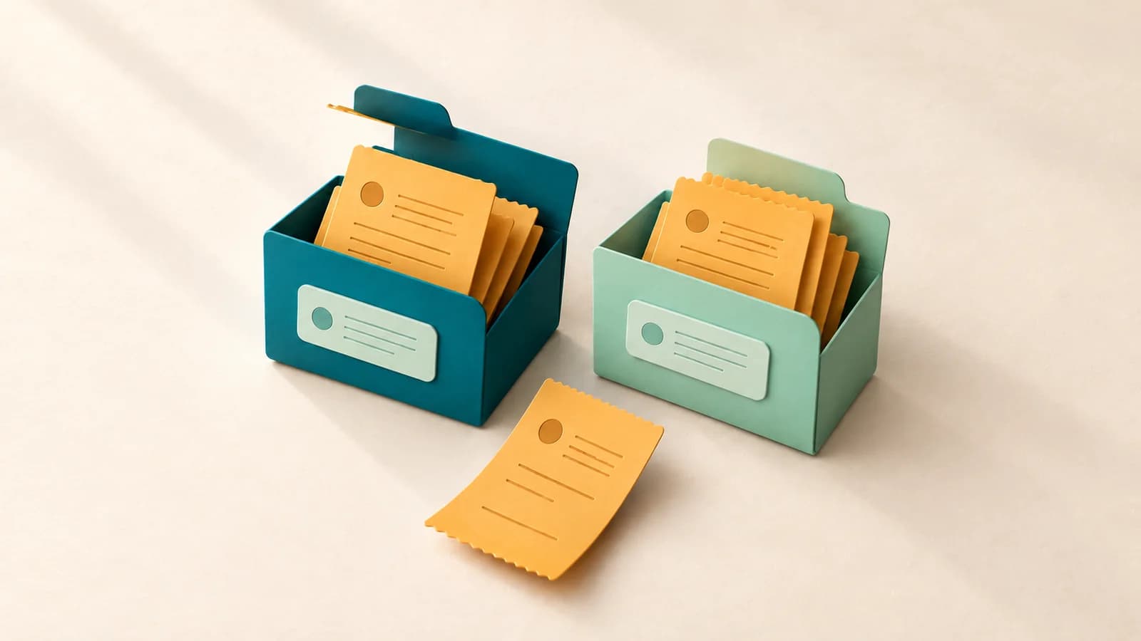 Amber receipts sorted into teal and mint paper folders, with one loose receipt awaiting review.