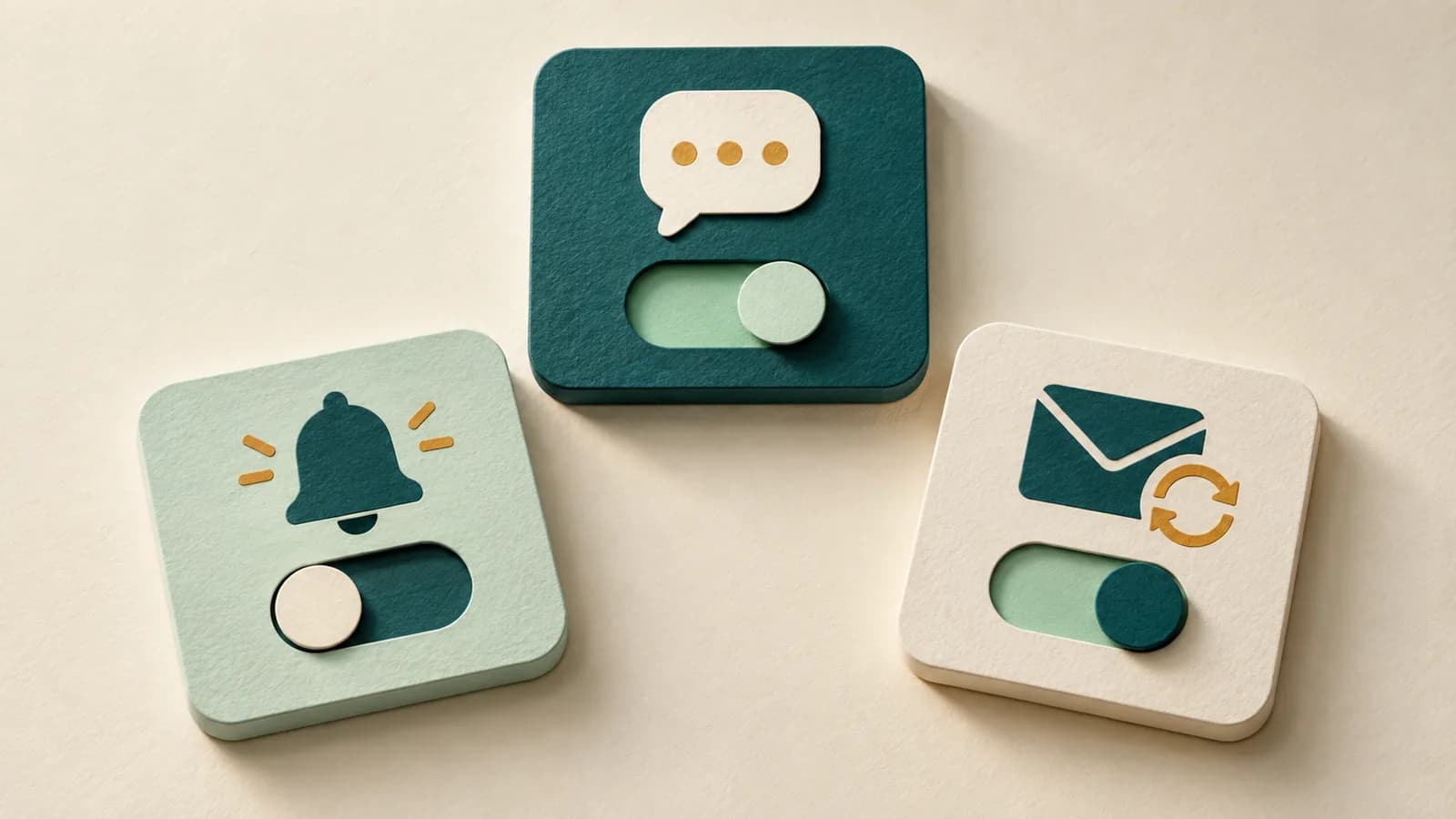 Three paper tiles have separate slider switches for a conversation, a bell and an envelope with circular arrows.