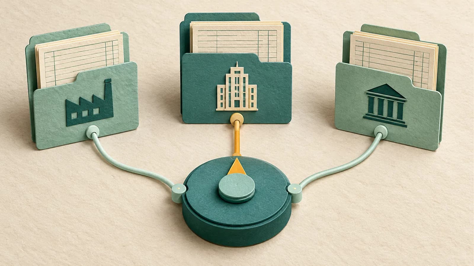 A round selector connects to three company folders, with an amber pointer and cord highlighting the middle folder.