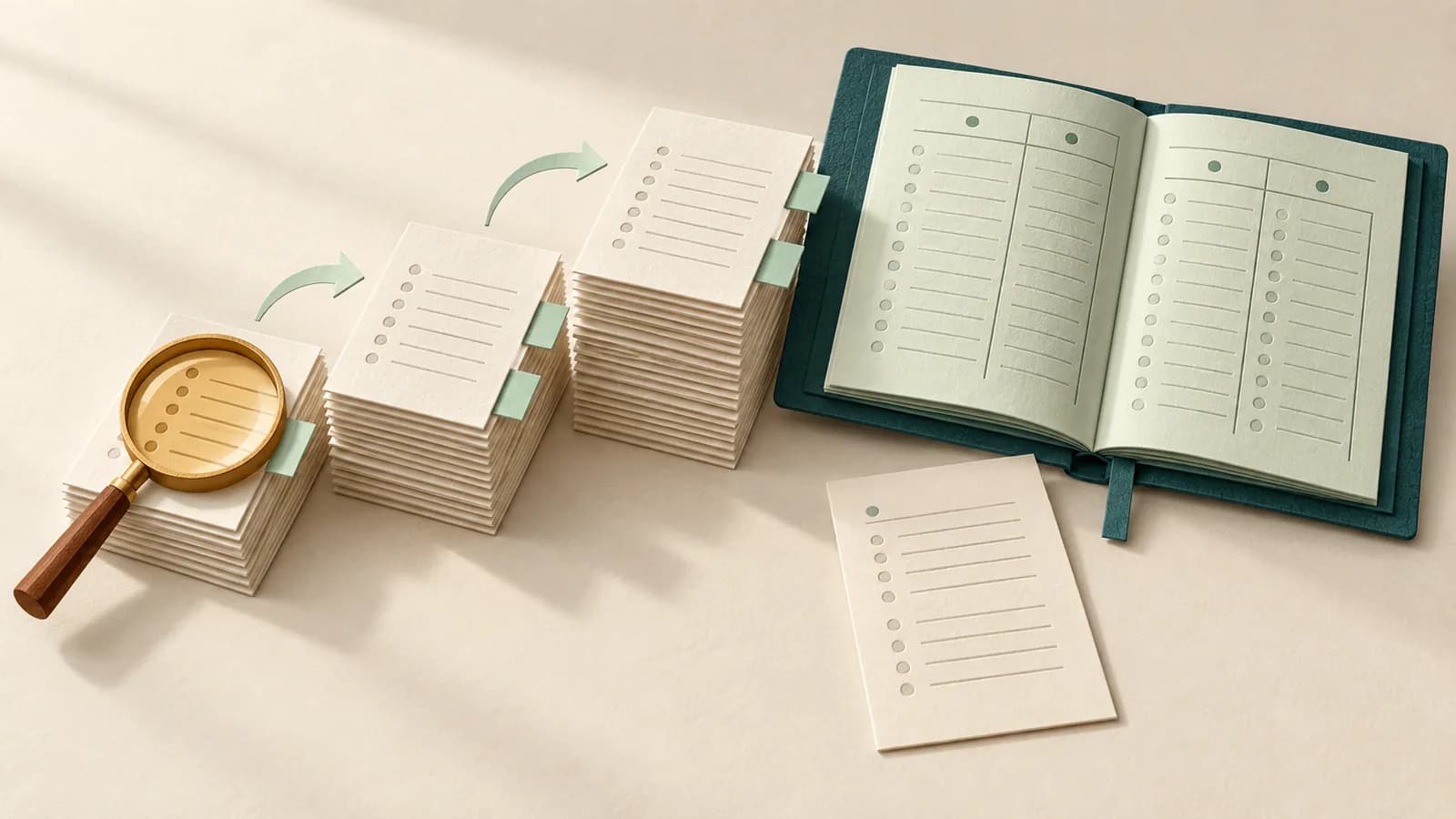 A magnifying glass rests over the first of three document stacks leading toward an open teal ledger and separate statement.