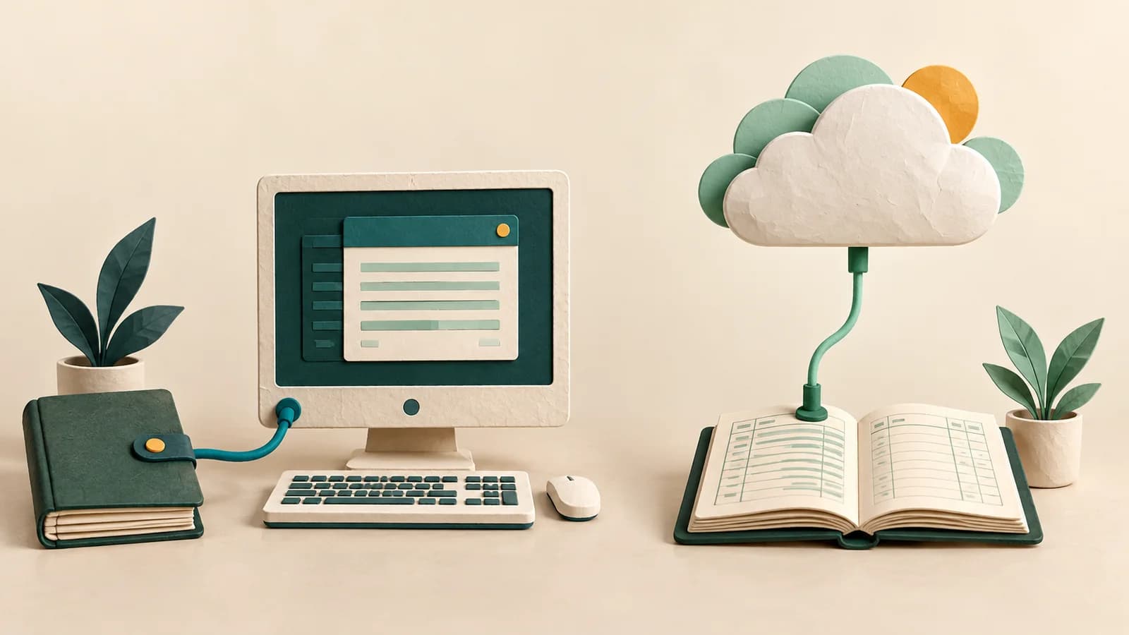 A paper desktop computer connects to a closed ledger beside a separate cloud connected to an open ledger.