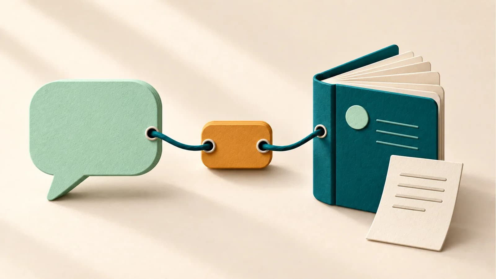 A mint speech bubble connects through an amber block to a teal ledger beside an ivory report sheet.