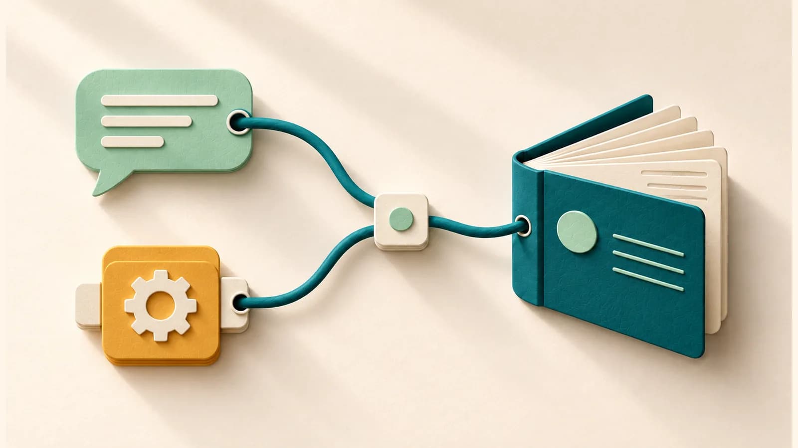 A mint speech bubble and an amber gear block follow separate cords into a shared junction connected to a teal ledger.