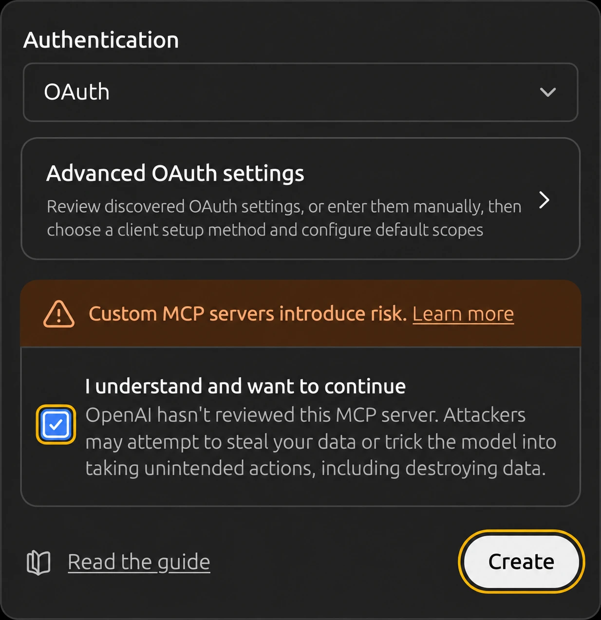 ChatGPT New Plugin dialog showing OAuth, the checked acknowledgment and Create button