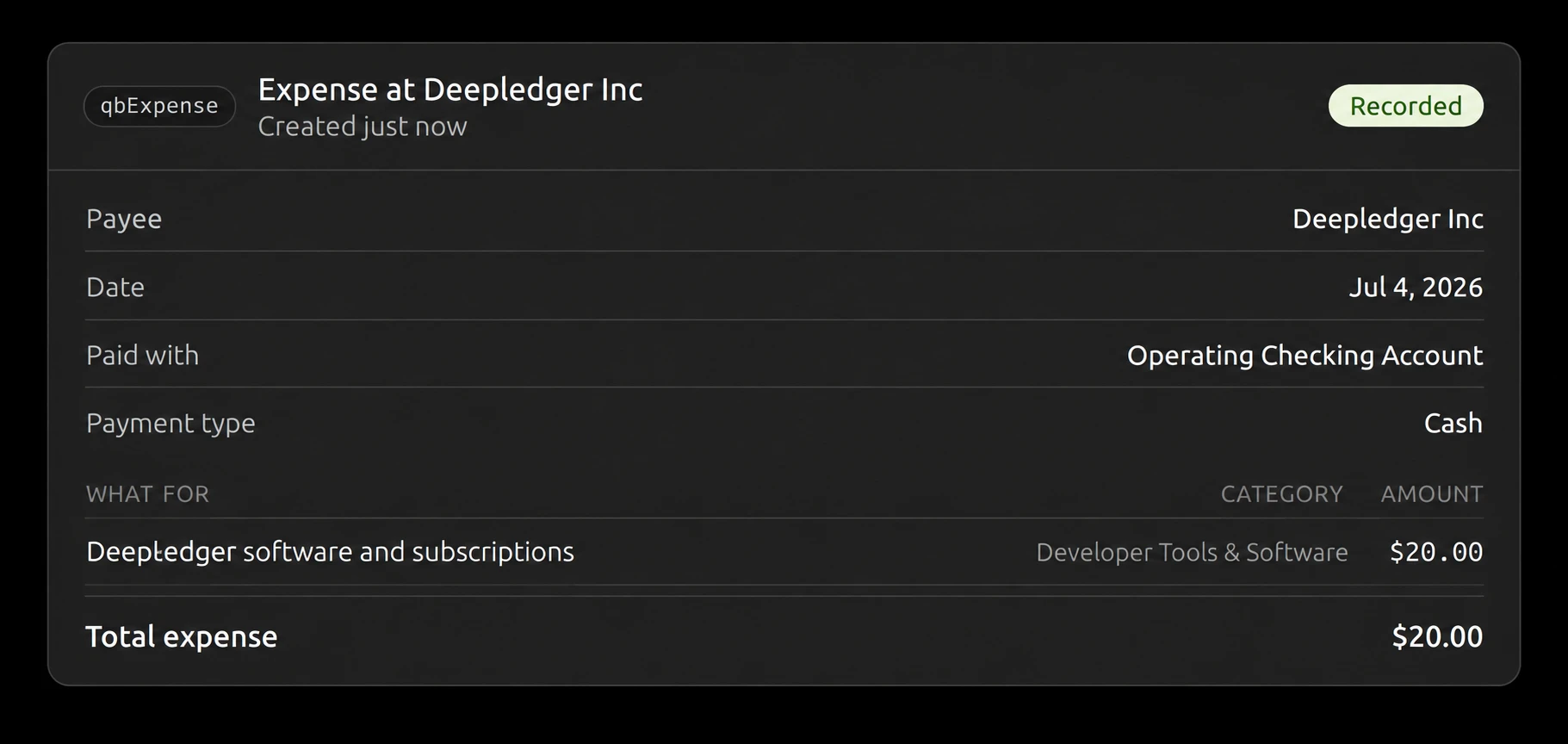 DeepLedger expense card in ChatGPT showing Recorded, Jul 4 2026, Operating Checking Account and total expense of 20 dollars