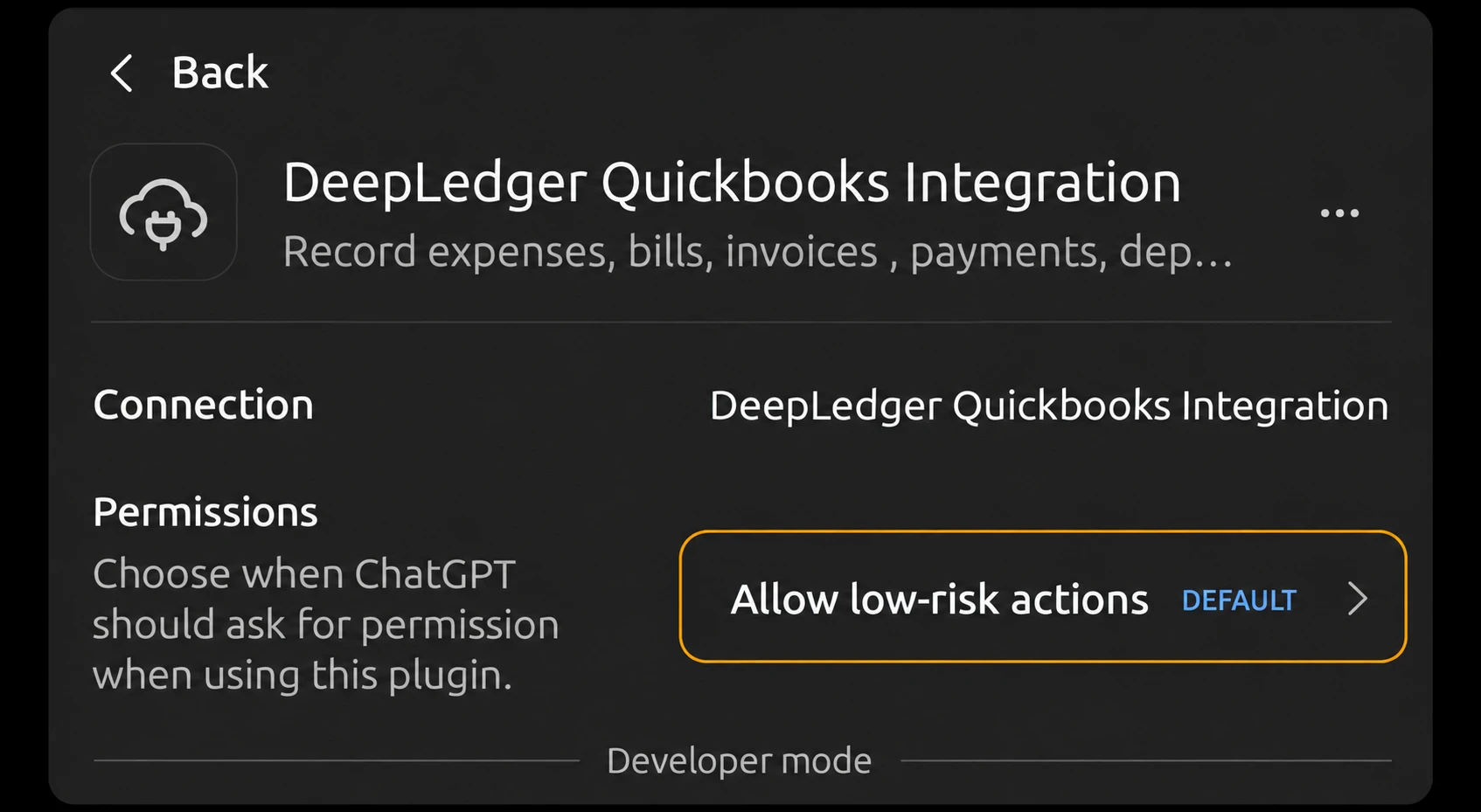 ChatGPT DeepLedger plugin settings showing Connection and Permissions with Allow low-risk actions