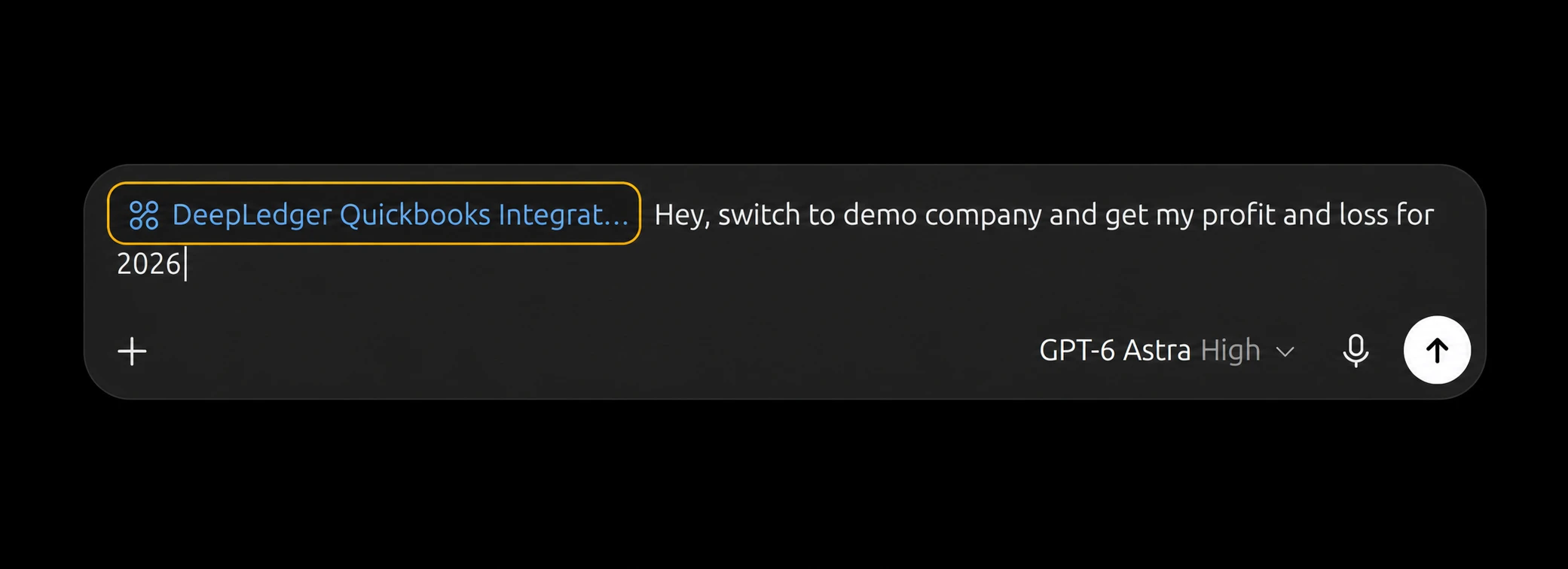 ChatGPT composer with DeepLedger selected and a prompt to switch to the demo company and get its 2026 profit and loss