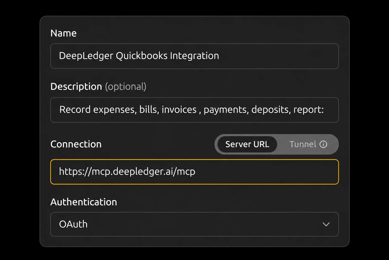ChatGPT New Plugin form with the DeepLedger QuickBooks connection name, MCP server URL and OAuth selected