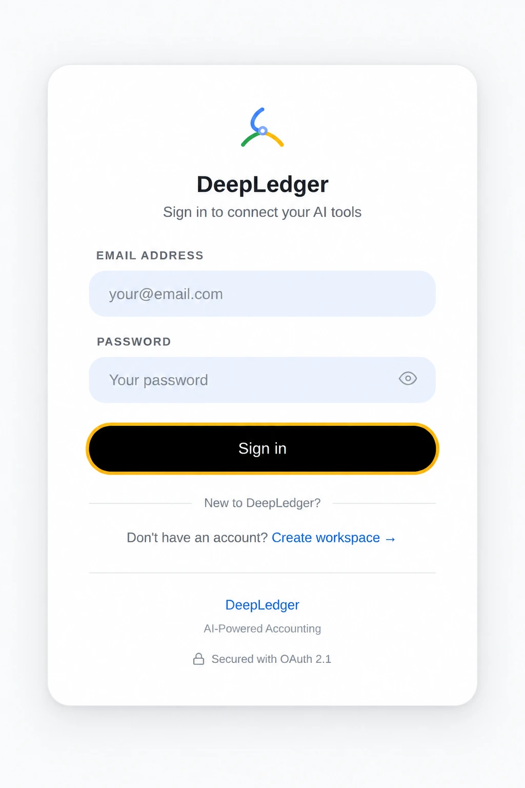 DeepLedger sign-in card with email and password placeholders replacing private credentials