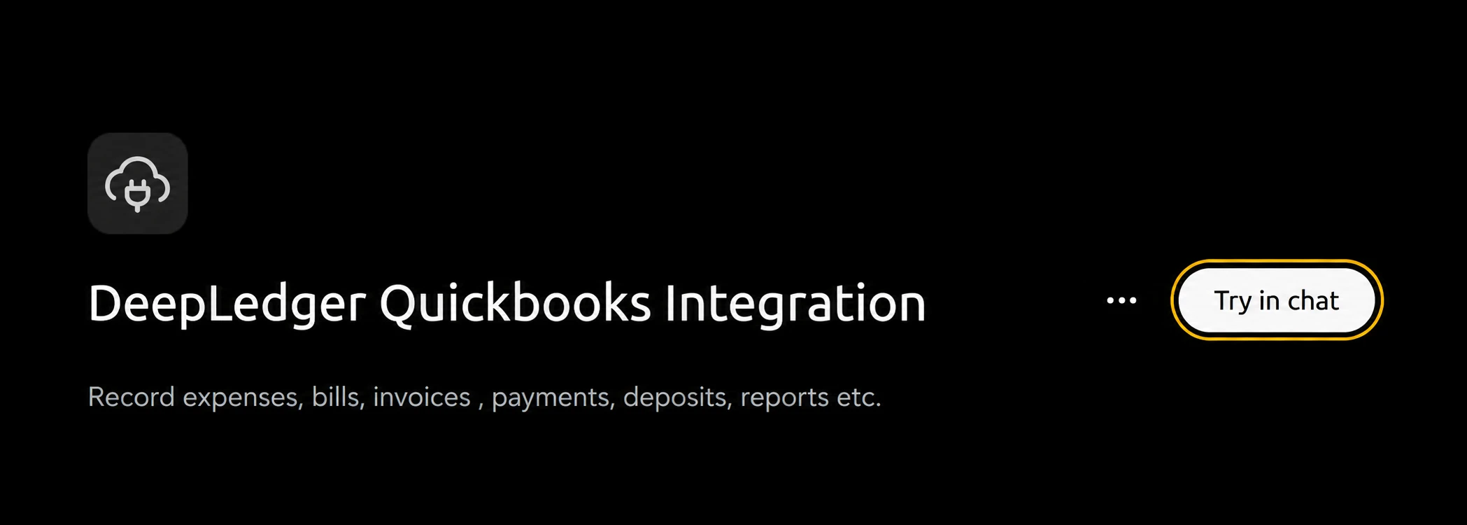 DeepLedger Quickbooks Integration plugin page with Try in chat highlighted