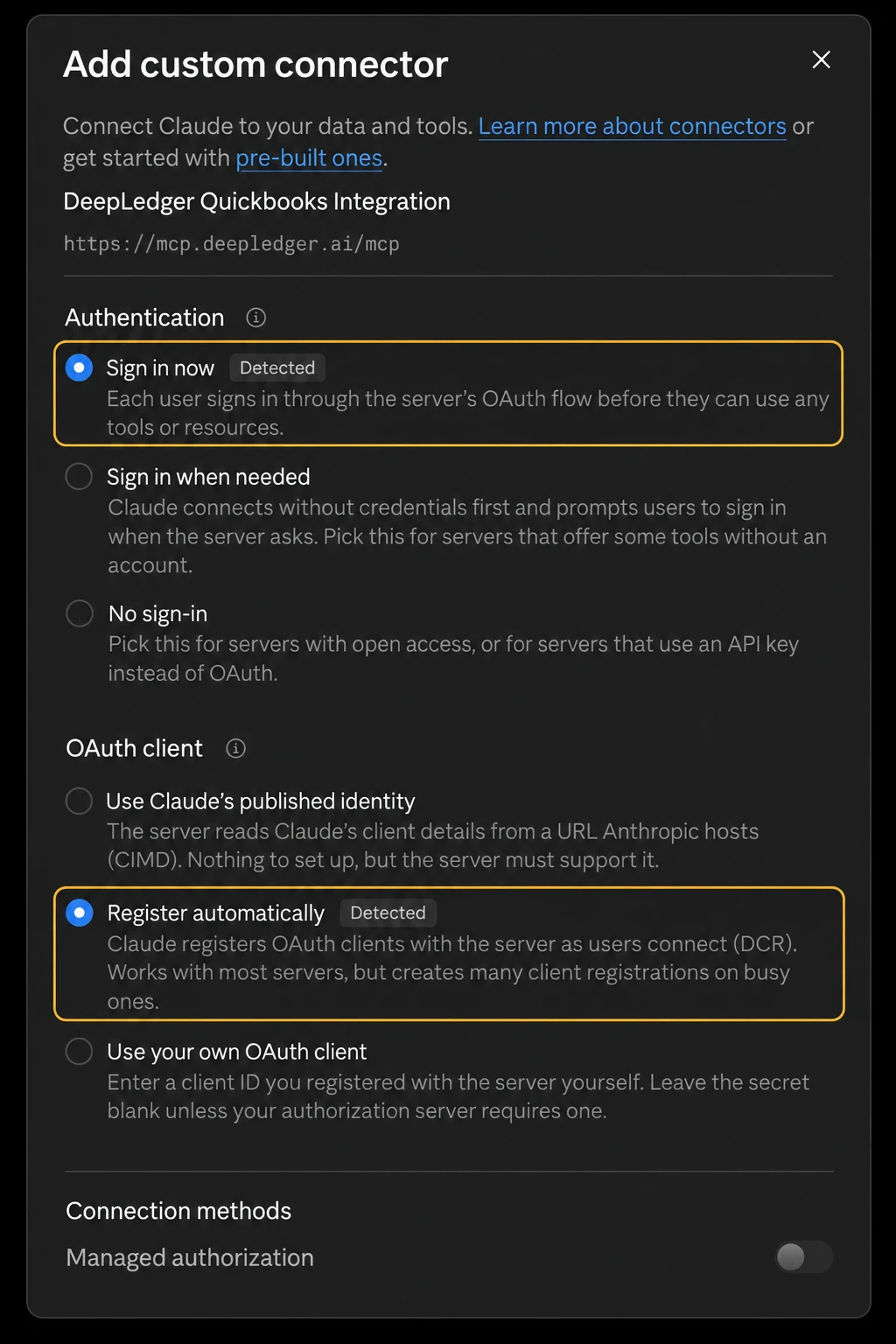 Claude custom connector authentication with Sign in now and Register automatically selected
