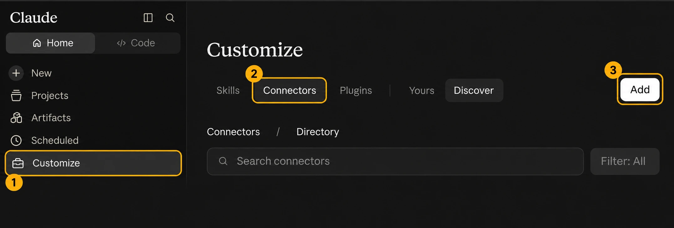 Claude Customize page with Customize, Connectors and Add highlighted