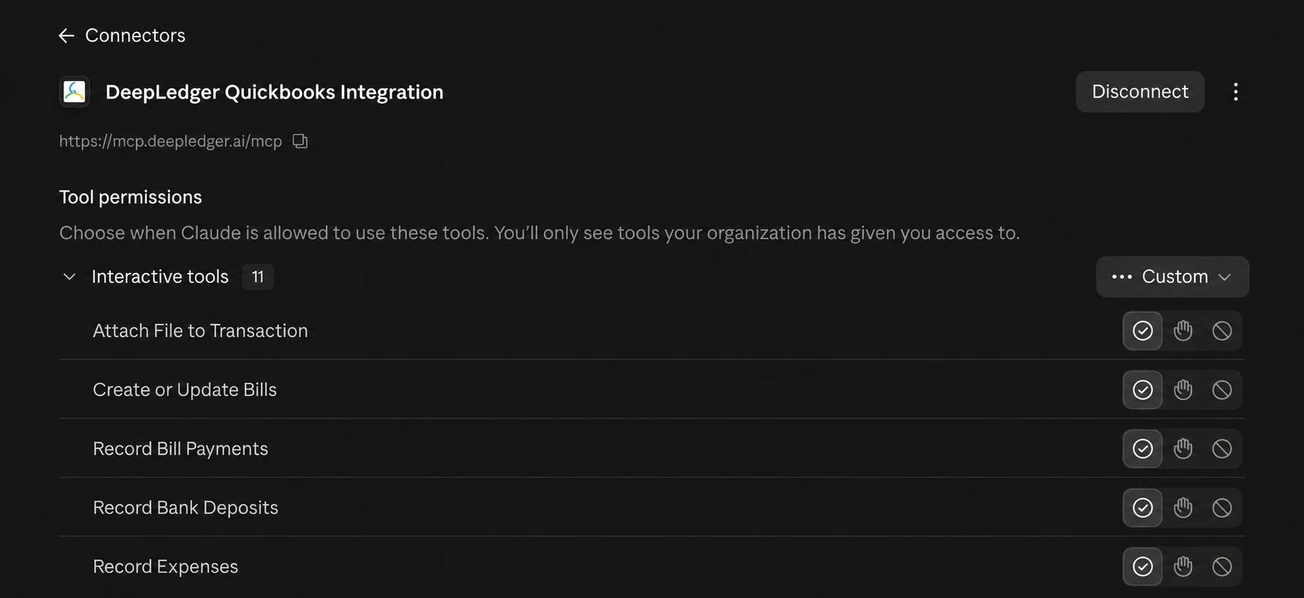 DeepLedger QuickBooks connector in Claude with Disconnect and tool permissions for bills, deposits and expenses
