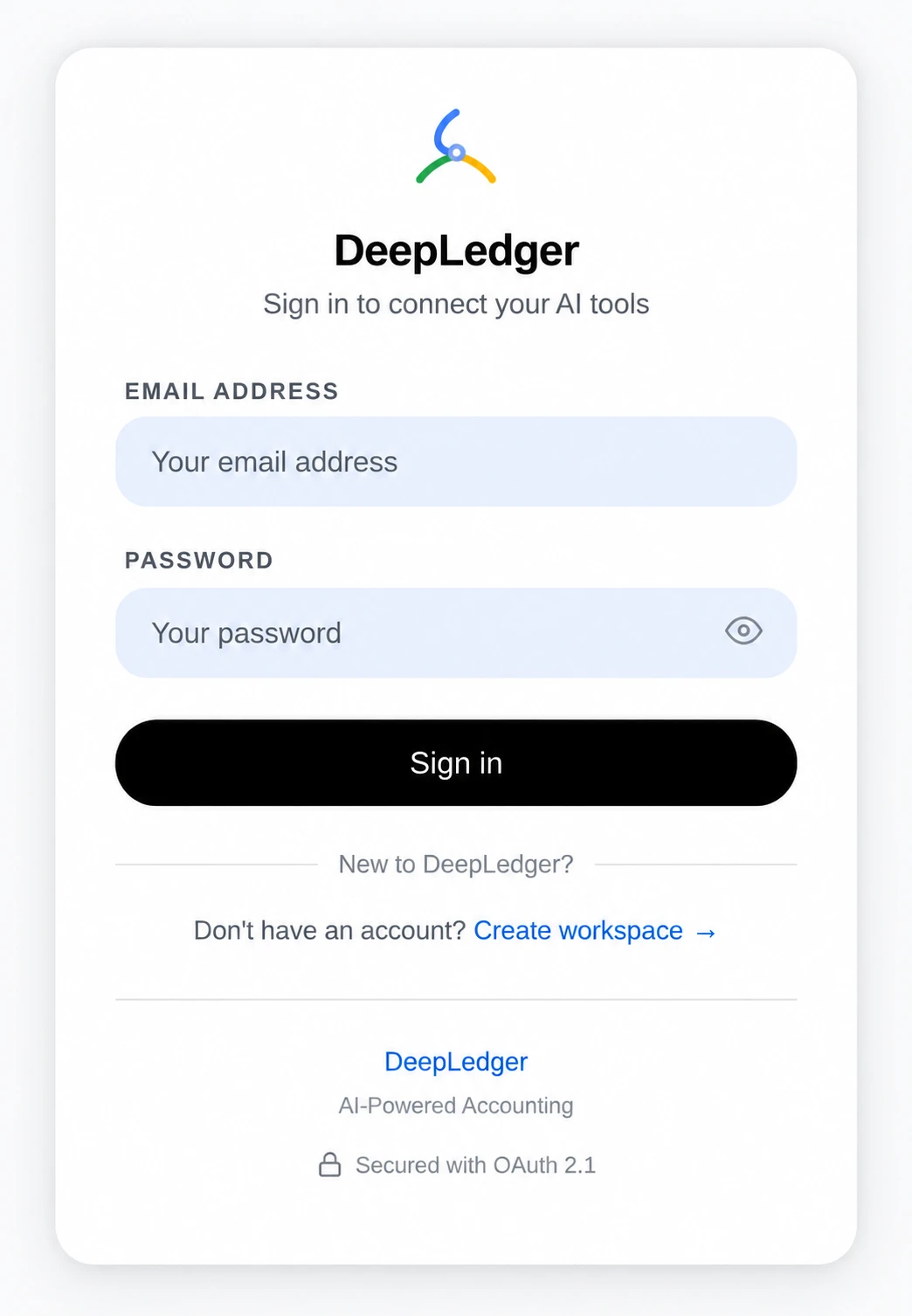 DeepLedger sign-in card with explanatory email and password placeholders replacing private details