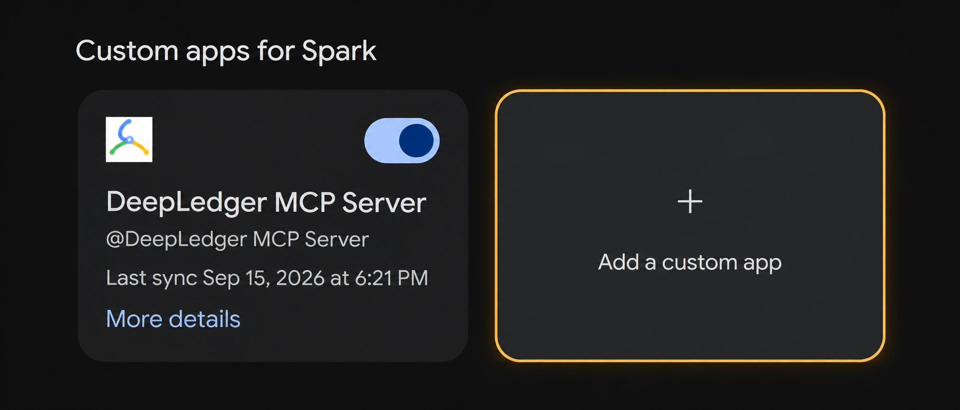 Gemini Spark Custom apps section with the Add a custom app card highlighted