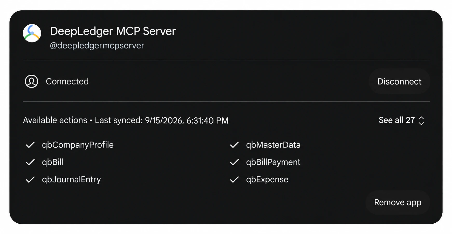 DeepLedger MCP Server details in Gemini Spark showing Connected and available QuickBooks actions