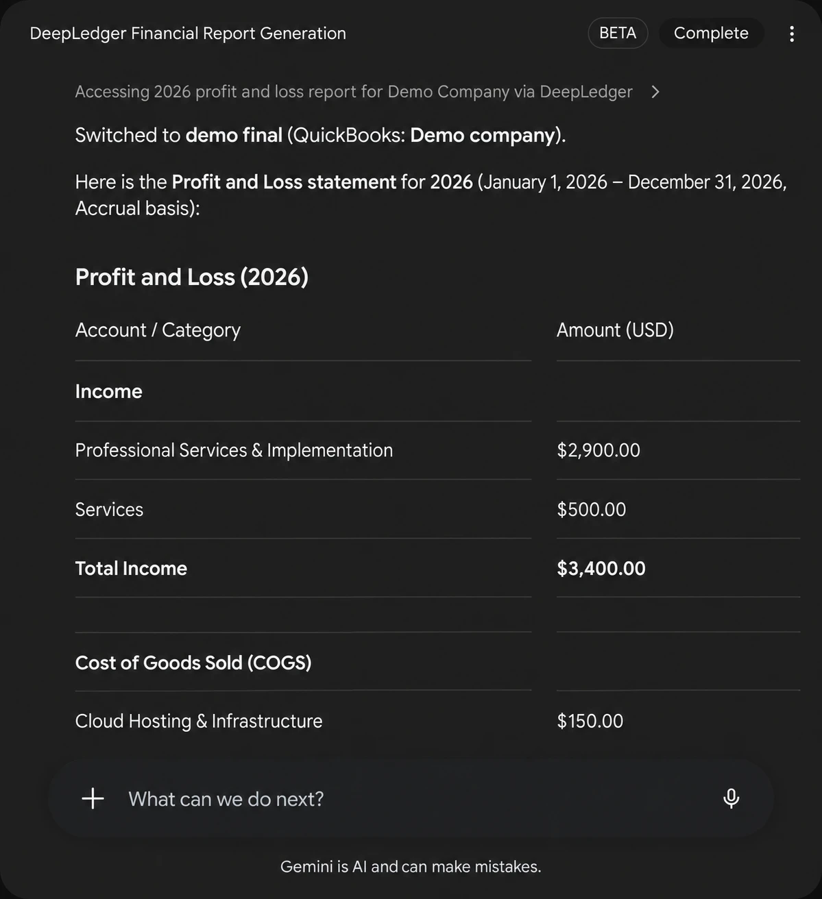 Completed Gemini Spark task displaying part of a 2026 QuickBooks demo-company profit and loss report through DeepLedger