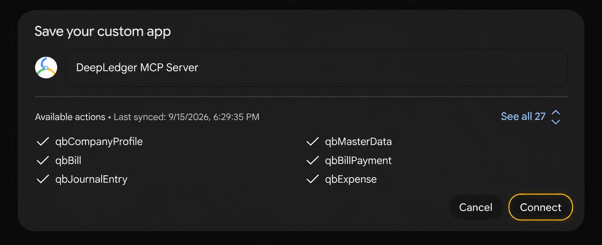 Gemini Spark Save your custom app dialog showing DeepLedger MCP Server and the Connect button highlighted