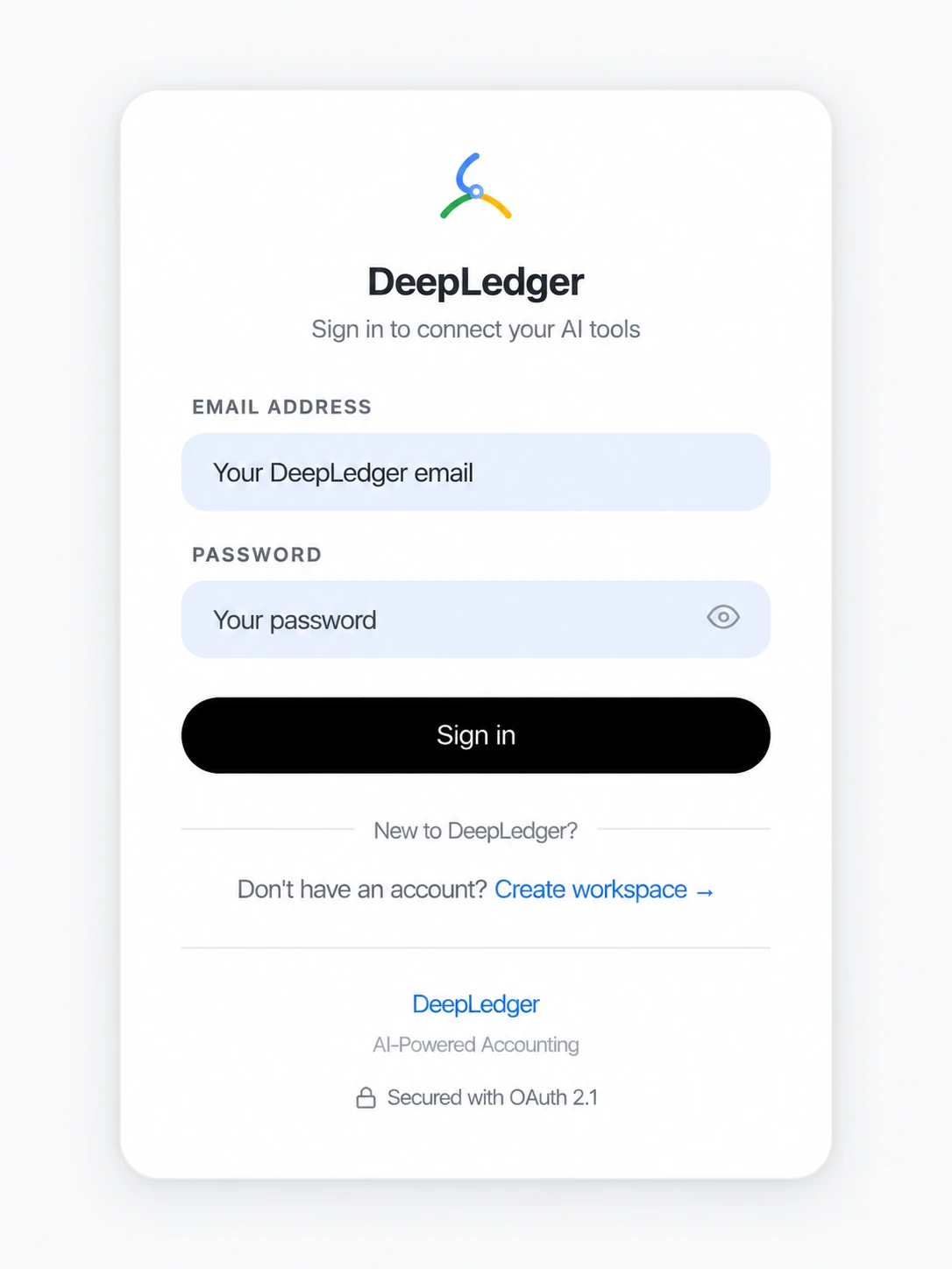 DeepLedger authorization sign-in screen with private credentials replaced by explanatory placeholders